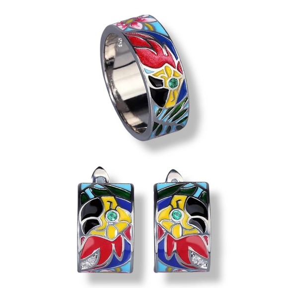 Silver Parrot Multicolor Enamel Ring and Pierced Earrings Set Ring - Picture 1 of 5